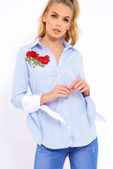 Blue Striped Embroidered Bell Sleeve Shirt - Tamra-Shirts