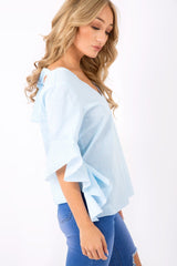 Blue Striped Flare Bell Sleeve Blouse - Yolanda-Tops