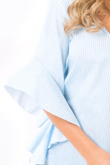 Blue Striped Flare Bell Sleeve Blouse - Yolanda-Tops
