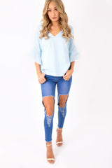 Blue Striped Flare Bell Sleeve Blouse - Yolanda-Tops