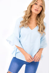 Blue Striped Flare Bell Sleeve Blouse - Yolanda-Tops