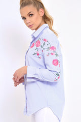 Blue Striped Floral Embroidered Shirt - Fifi-Shirts