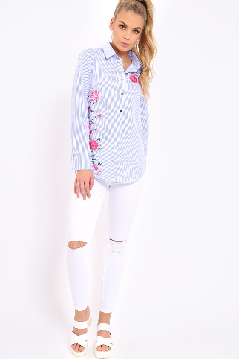 Blue Striped Floral Embroidered Shirt - Fifi-Shirts