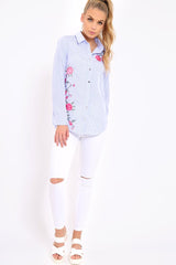 Blue Striped Floral Embroidered Shirt - Fifi-Shirts