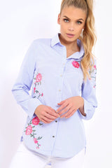 Blue Striped Floral Embroidered Shirt - Fifi-Shirts