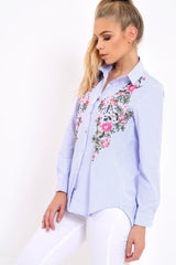 Blue Striped Floral Embroidered Shirt - Gianna-Shirts