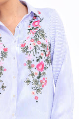 Blue Striped Floral Embroidered Shirt - Gianna-Shirts