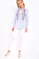 Blue Striped Floral Embroidered Shirt - Gianna-Shirts