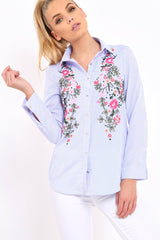 Blue Striped Floral Embroidered Shirt - Gianna-Shirts