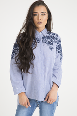 Blue Striped Floral Embroidered Shirt - Mallory-Shirts