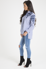 Blue Striped Floral Embroidered Shirt - Mallory-Shirts
