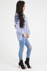 Blue Striped Floral Embroidered Shirt - Mallory-Shirts