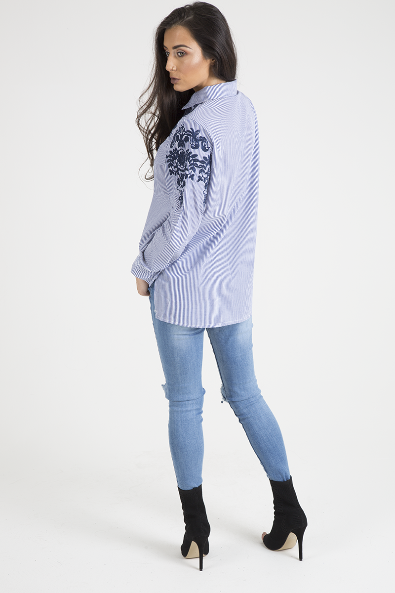 Blue Striped Floral Embroidered Shirt - Mallory-Shirts
