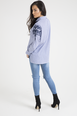 Blue Striped Floral Embroidered Shirt - Mallory-Shirts