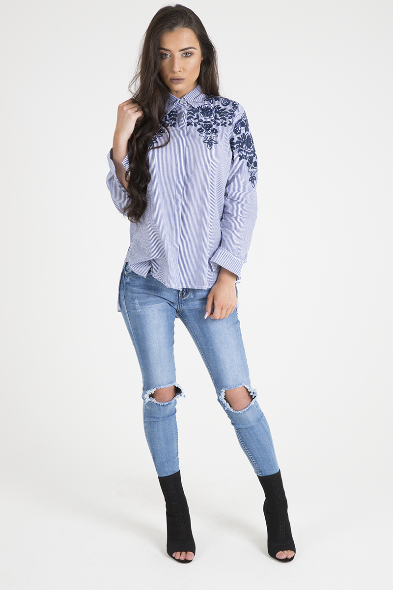 Blue Striped Floral Embroidered Shirt - Mallory-Shirts