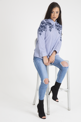 Blue Striped Floral Embroidered Shirt - Mallory-Shirts