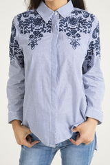 Blue Striped Floral Embroidered Shirt - Mallory-Shirts