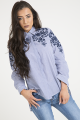 Blue Striped Floral Embroidered Shirt - Mallory-Shirts