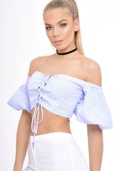 Blue Striped Lace Up Bardot Crop Top - Malin-Crop Tops