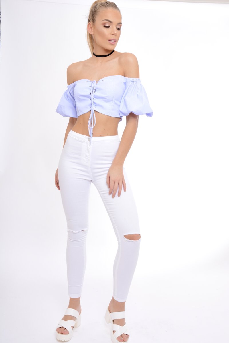 Blue Striped Lace Up Bardot Crop Top - Malin-Crop Tops