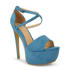 Blue Suede Cross Over Strap Platform Heels - Martha-Heels