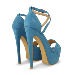 Blue Suede Cross Over Strap Platform Heels - Martha-Heels
