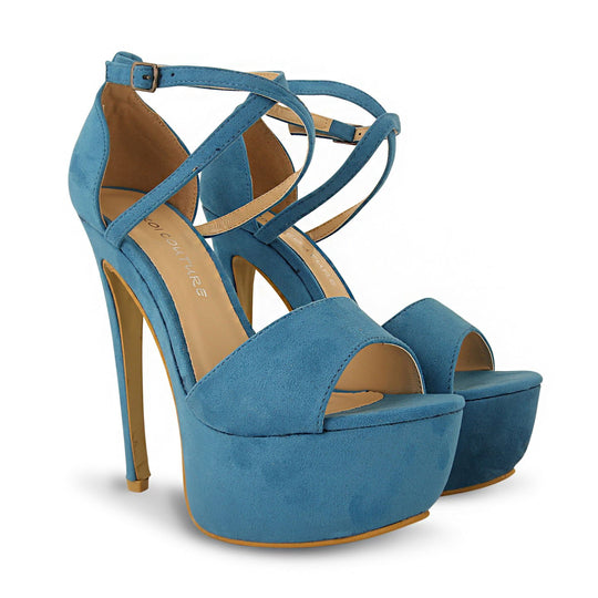 Blue Suede Cross Over Strap Platform Heels - Martha