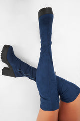 Blue Suede Platform Knee High Boots - Sandy-Boots