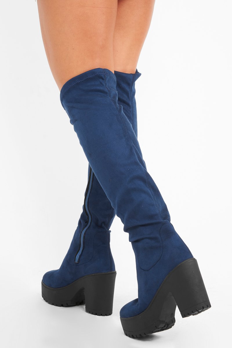 Blue Suede Platform Knee High Boots - Sandy-Boots
