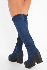 Blue Suede Platform Knee High Boots - Sandy-Boots