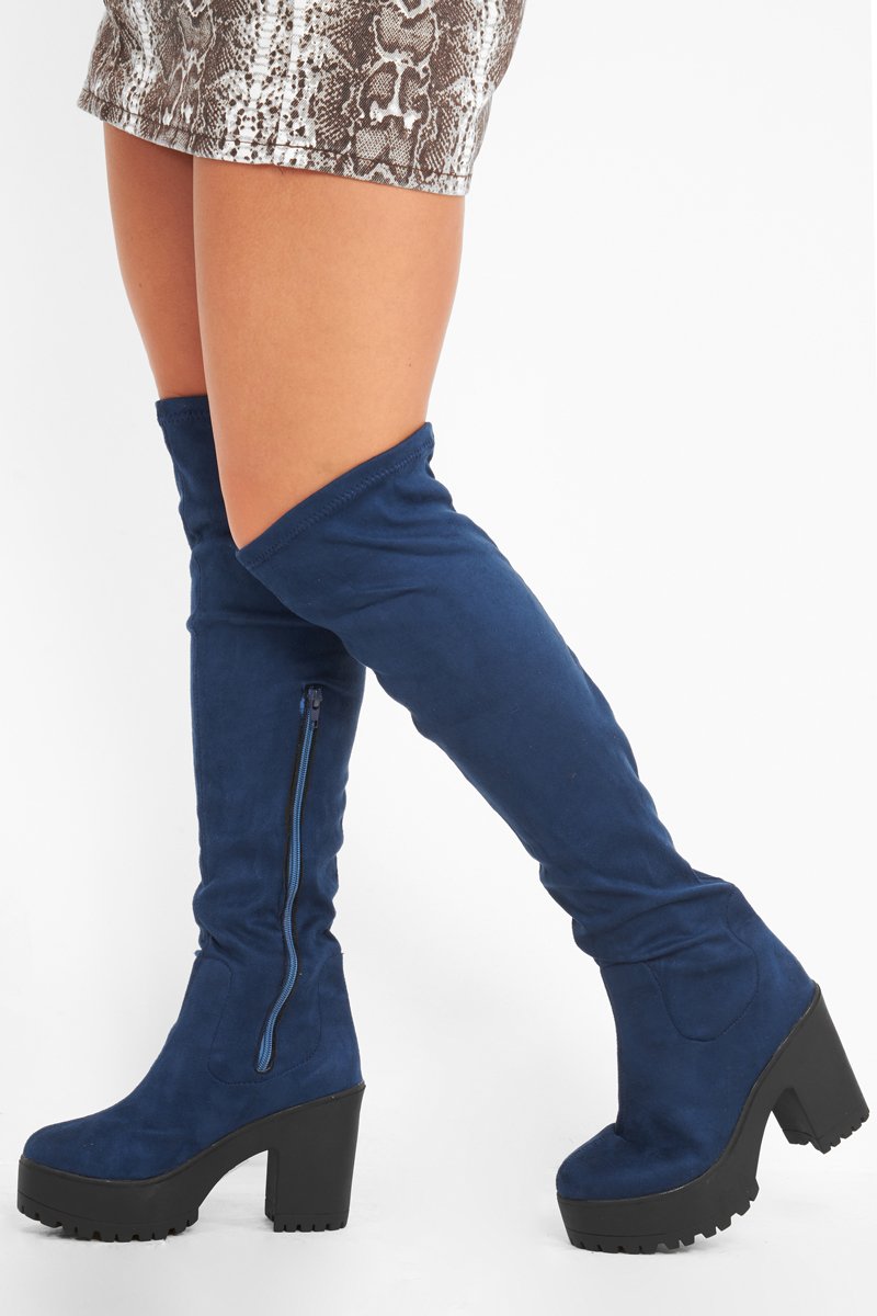 Blue Suede Platform Knee High Boots - Sandy-Boots