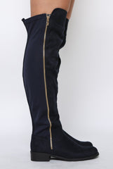 Blue Suede Zip Detail Flat Over The Knee Boots - Vanessa-Boots