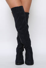 Blue Suede Zip Detail Flat Over The Knee Boots - Vanessa-Boots
