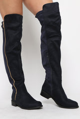 Blue Suede Zip Detail Flat Over The Knee Boots - Vanessa-Boots