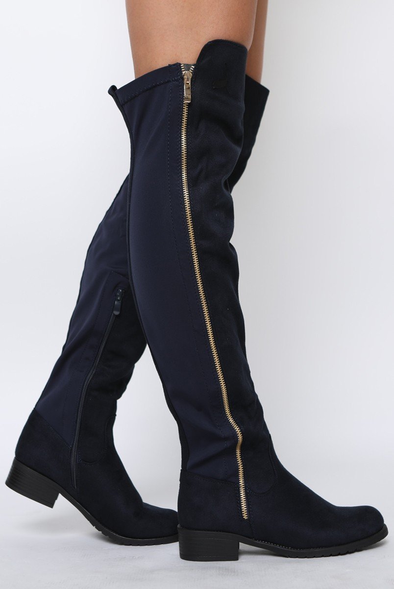Blue Suede Zip Detail Flat Over The Knee Boots - Vanessa-Boots