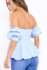 Blue Sweet Heart Bardot Top with Ruched Sleeves - Kinza-Tops