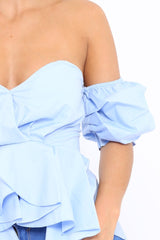 Blue Sweet Heart Bardot Top with Ruched Sleeves - Kinza-Tops