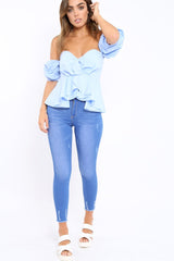 Blue Sweet Heart Bardot Top with Ruched Sleeves - Kinza-Tops