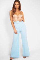 Blue Tailored Wide Leg Belted Trousers - Chenelle-Trousers