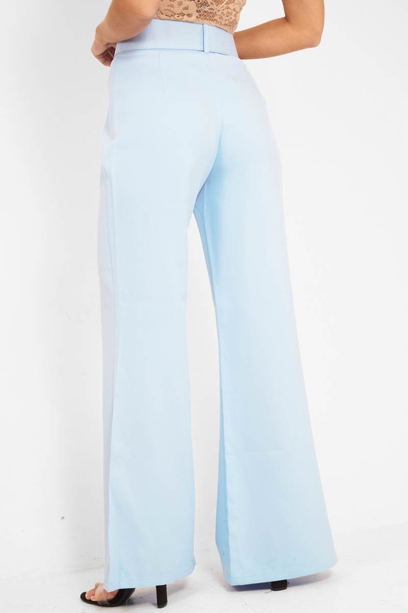 Blue Tailored Wide Leg Belted Trousers - Chenelle-Trousers