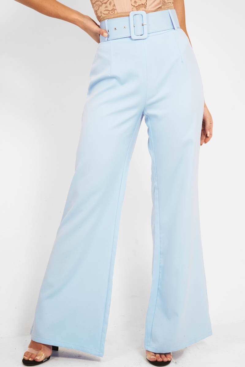 Blue Tailored Wide Leg Belted Trousers - Chenelle-Trousers