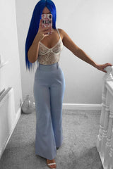 Blue Tailored Wide Leg Belted Trousers - Chenelle-Trousers