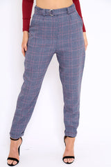 Blue Tartan Ring Belted Tapered Trousers - Klara-Trousers
