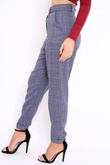 Blue Tartan Ring Belted Tapered Trousers - Klara-Trousers