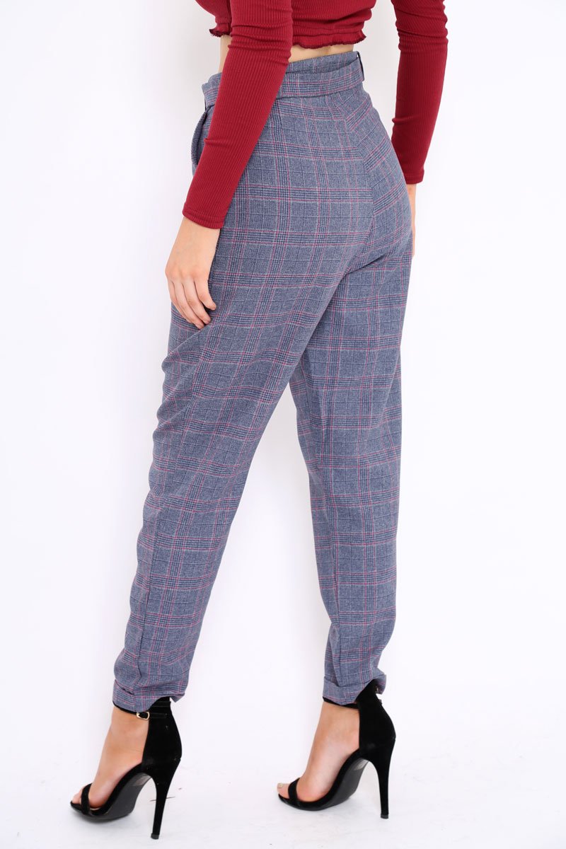 Blue Tartan Ring Belted Tapered Trousers - Klara-Trousers