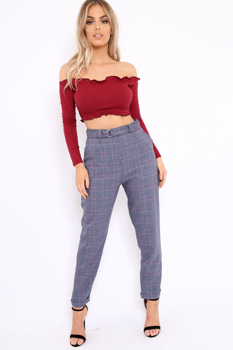 Blue Tartan Ring Belted Tapered Trousers - Klara-Trousers