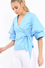 Blue Tie Around The Waist Ruched Sleeve Top - Eillish-Tops