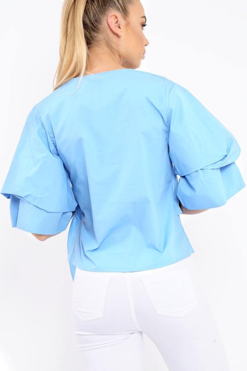 Blue Tie Around The Waist Ruched Sleeve Top - Eillish-Tops