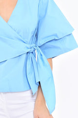 Blue Tie Around The Waist Ruched Sleeve Top - Eillish-Tops