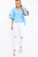 Blue Tie Around The Waist Ruched Sleeve Top - Eillish-Tops